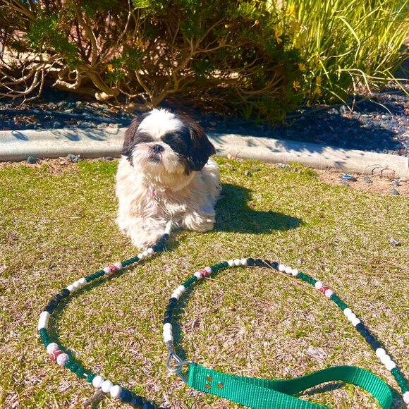 Boujee Football Dog Leash - Beaded - NFL (Eagles) - Dk Green, White & Black - Picture 6 of 9
